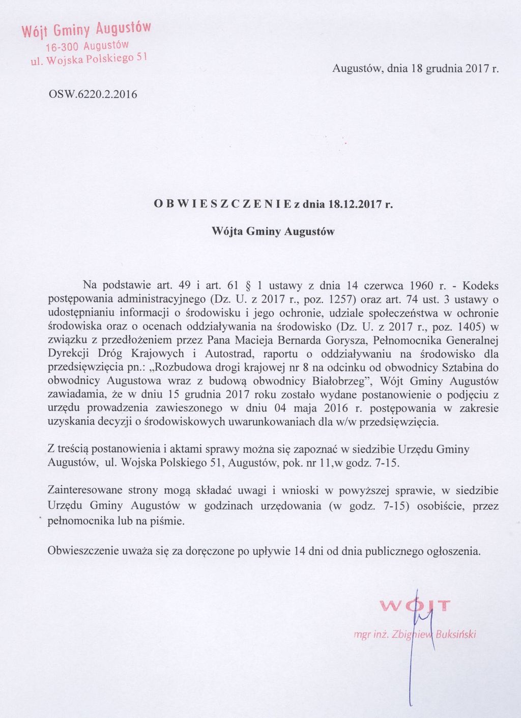 Obwieszczenie Wójta Gminy Augustów z dnia 18 grudnia 2017 roku.