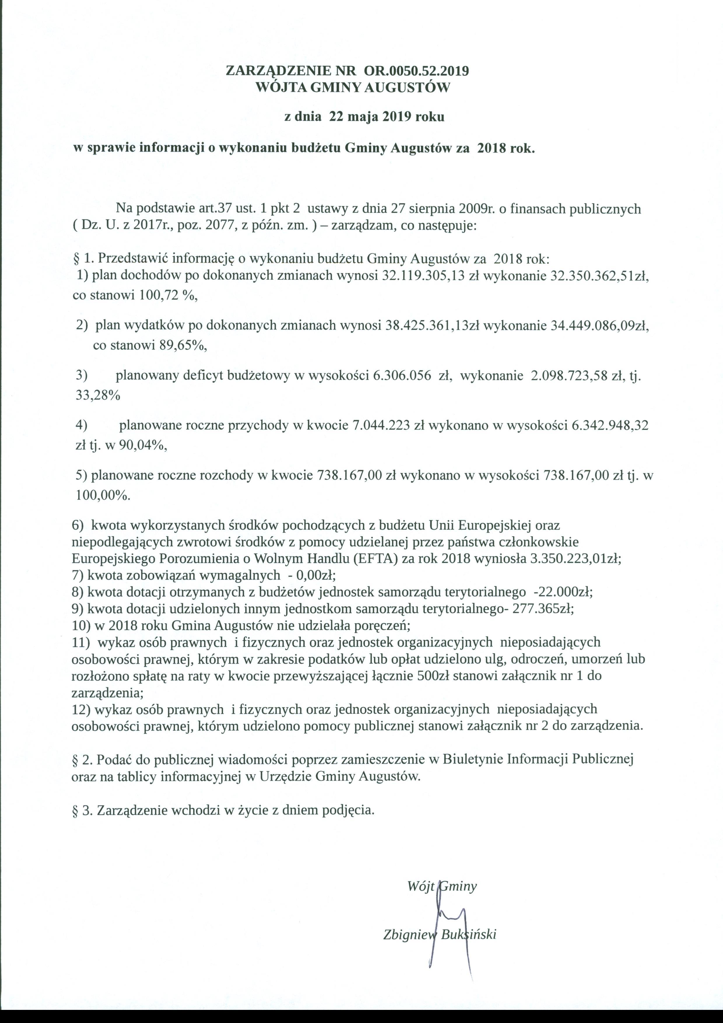 ZARZĄDZENIE NR OR.0050.52.2019 WÓJTA GMINY AUGUSTÓW z dnia 22 maja 2019 roku w sprawie informacji o wykonaniu budżetu Gminy Augustów za 2018 rok